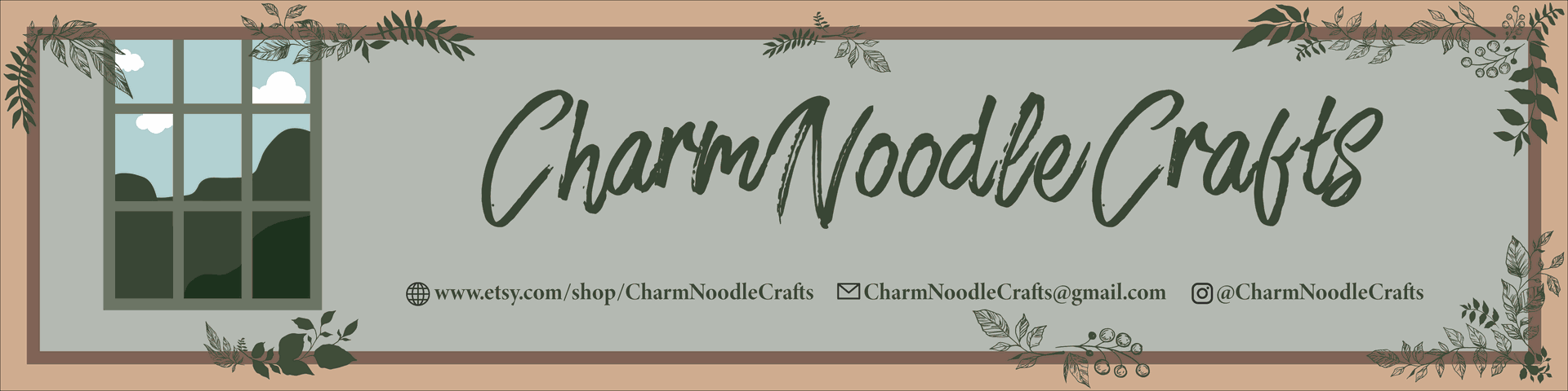CharmNoodle Crafts banner with contact information and nature theme