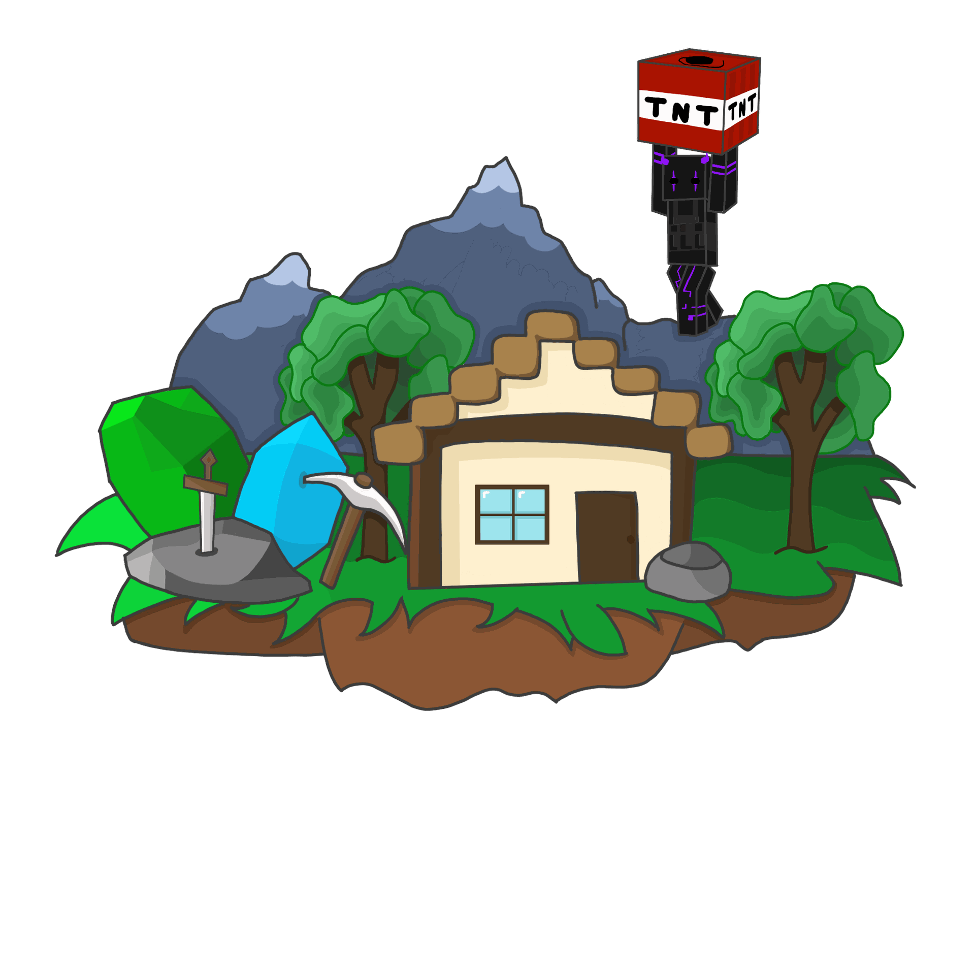 Floating island with a house, trees, gemstones and a guy holding TnT logo