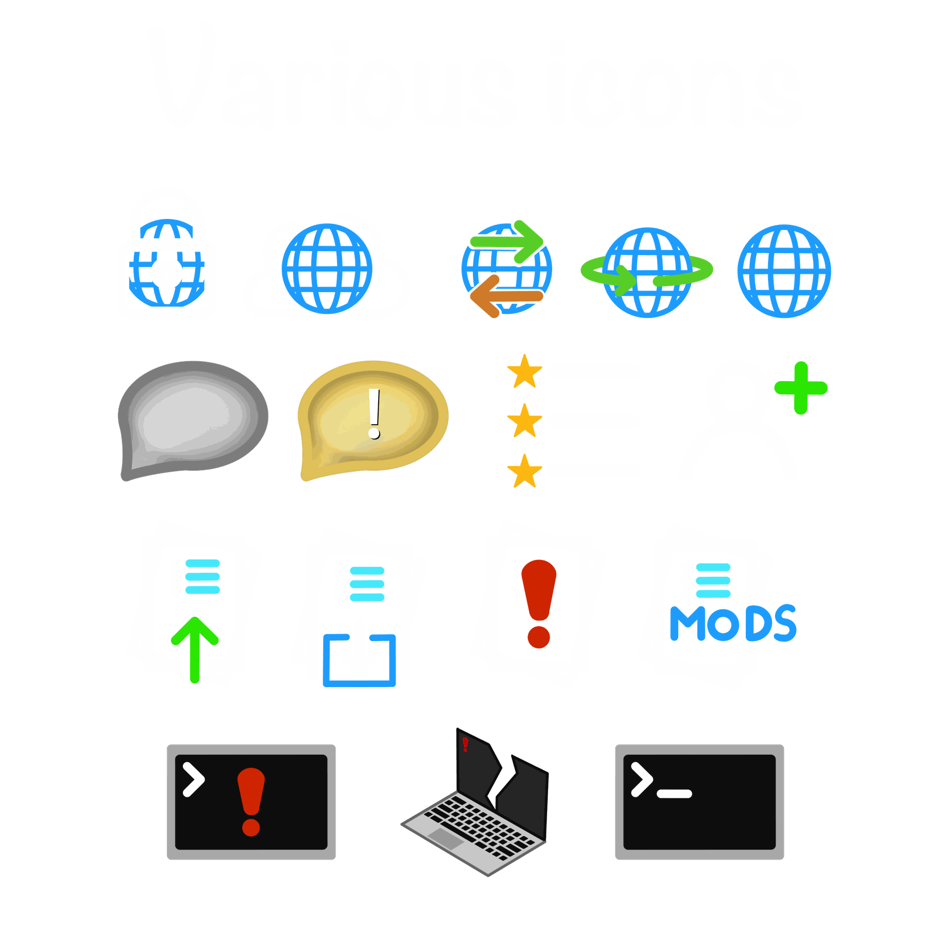 Various set of Website icons, including message, notification, upload, download, lists, incompatibility, and more