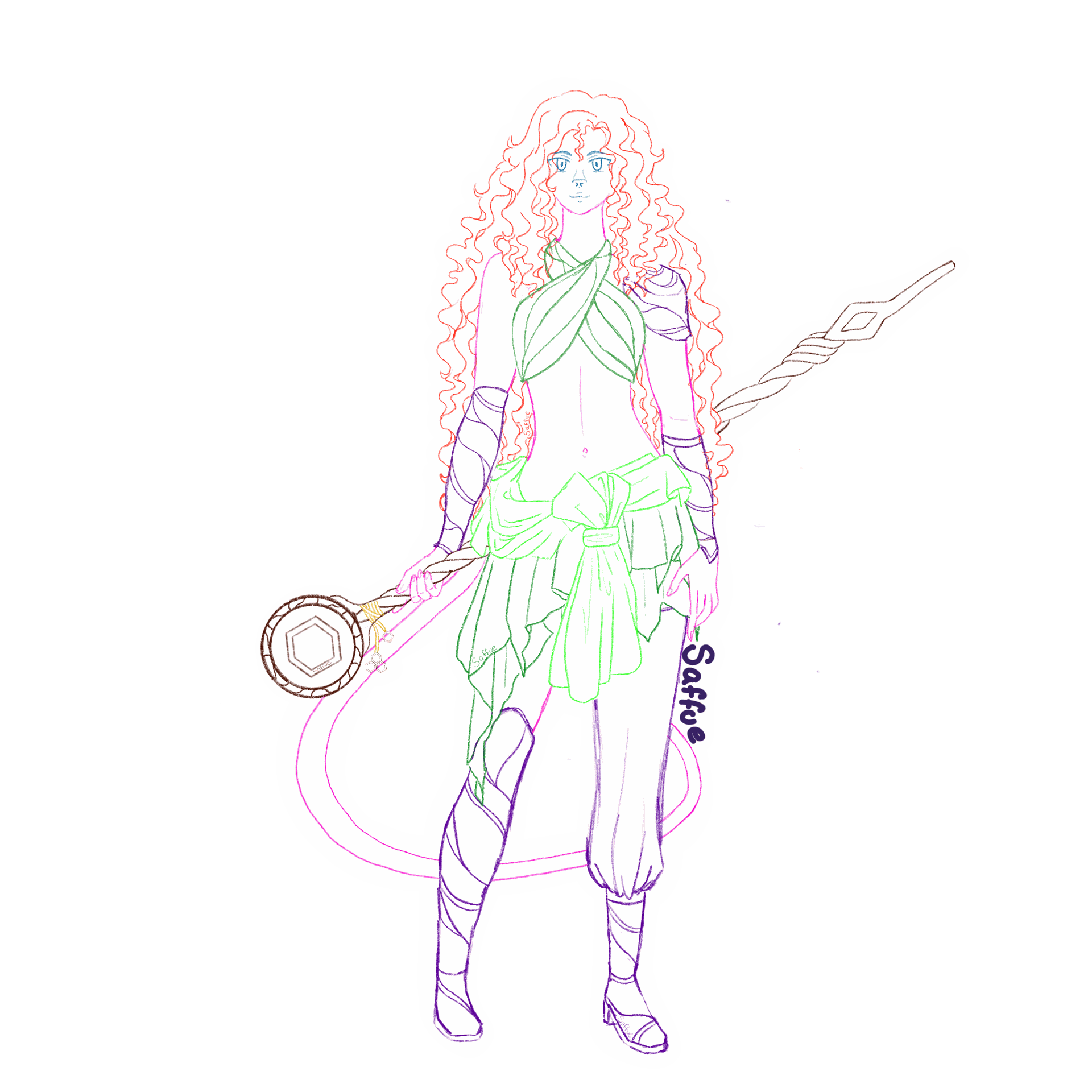 Firbolg Druid woman, coloured sketch, full body, holding a bee staff