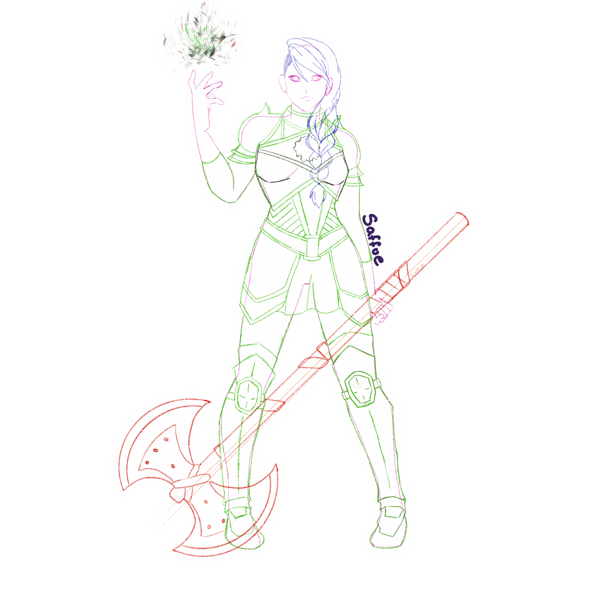 Half giant woman, coloured sketch, full body, holding a great axe and casting a spell